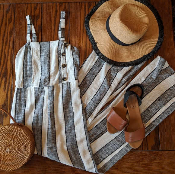 URBAN Romantics Pants - Urban Romantic Striped Jumpsuit With button Detail